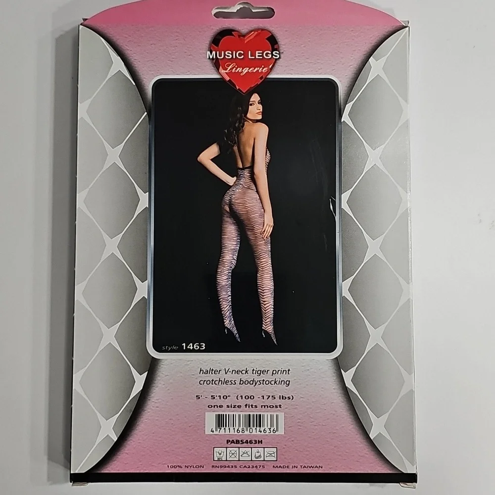 Tiger Print Lace Trim Deep-V Crotchless Bodystocking - Picture 4 of 5